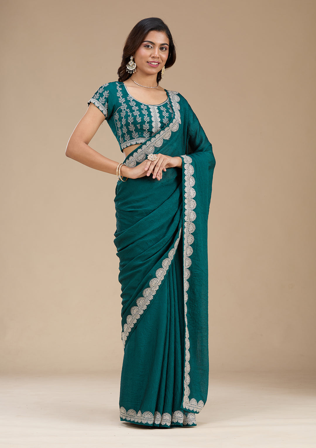 Rama Green Soft Raw Silk Silver Zariwork Saree With Matching Blouse Piece