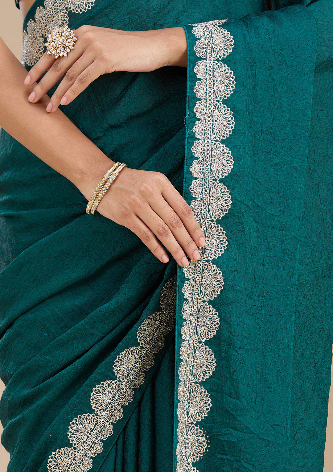 Rama Green Soft Raw Silk Silver Zariwork Saree With Matching Blouse Piece