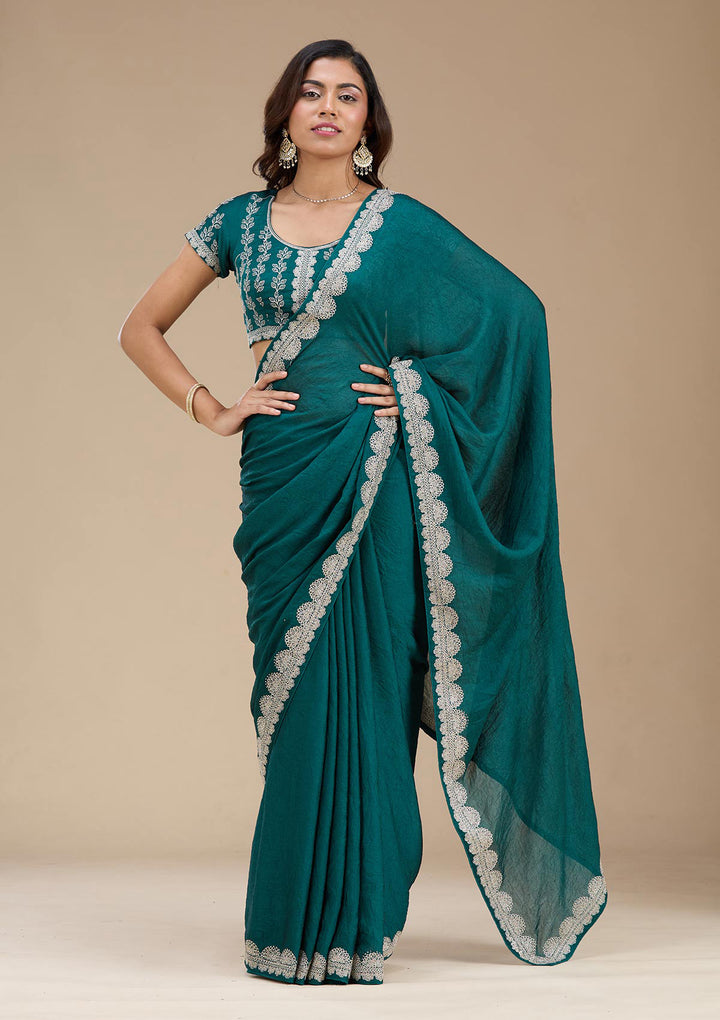 Rama Green Soft Raw Silk Silver Zariwork Saree With Matching Blouse Piece