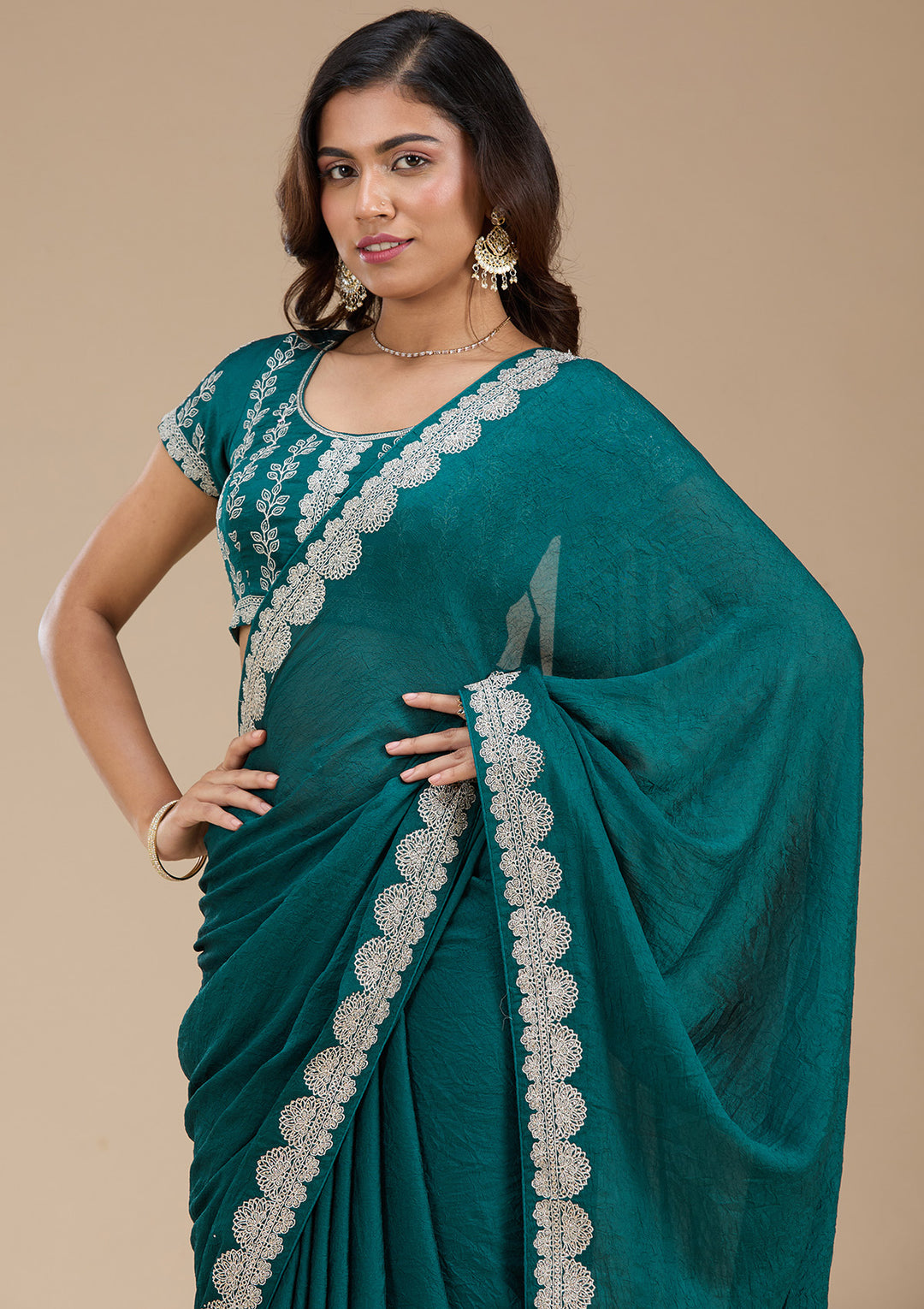 Rama Green Soft Raw Silk Silver Zariwork Saree With Matching Blouse Piece