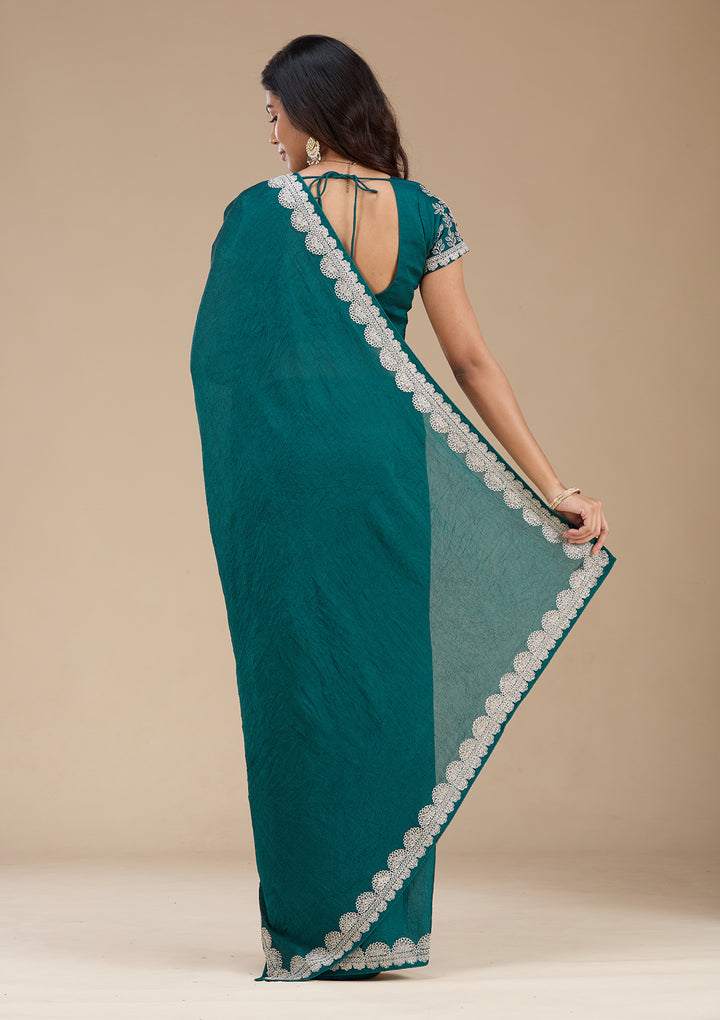 Rama Green Soft Raw Silk Silver Zariwork Saree With Matching Blouse Piece