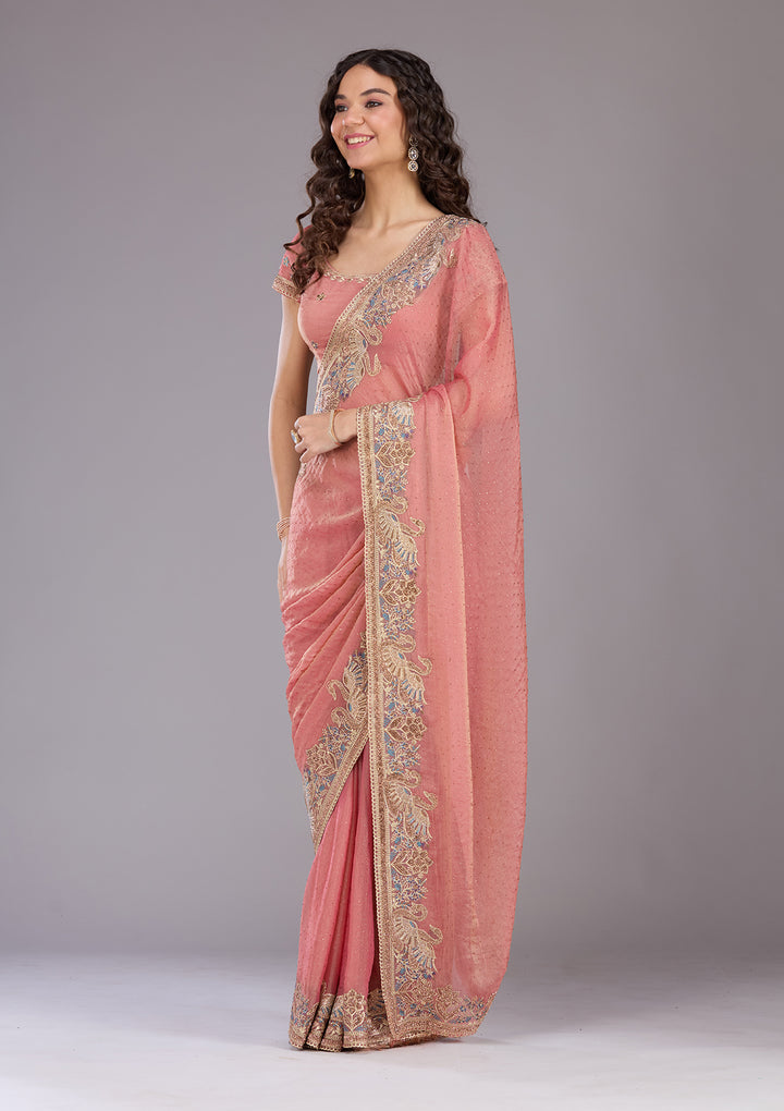 Onion Pink Stonework (Gold) Tissue Saree