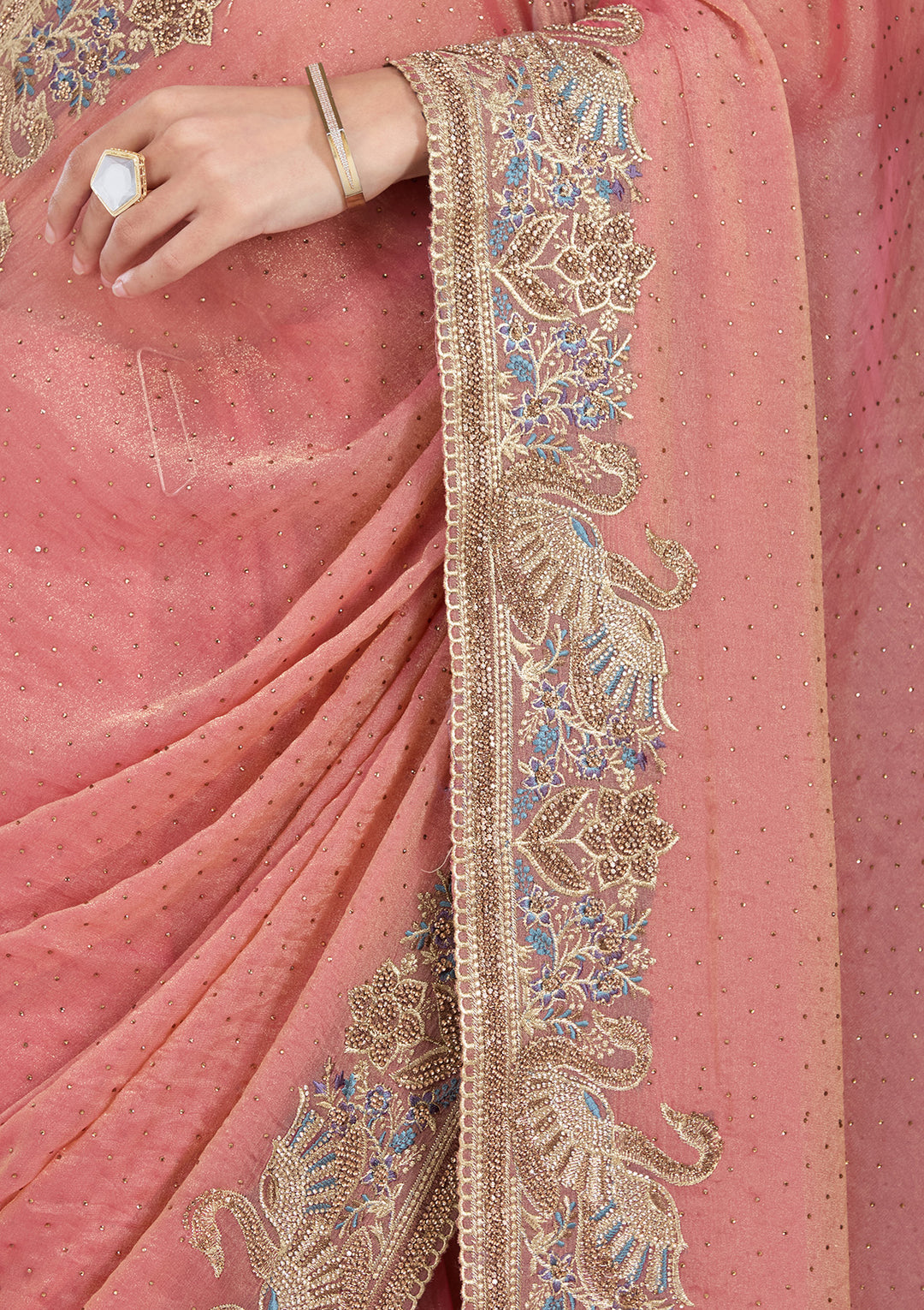 Onion Pink Stonework (Gold) Tissue Saree