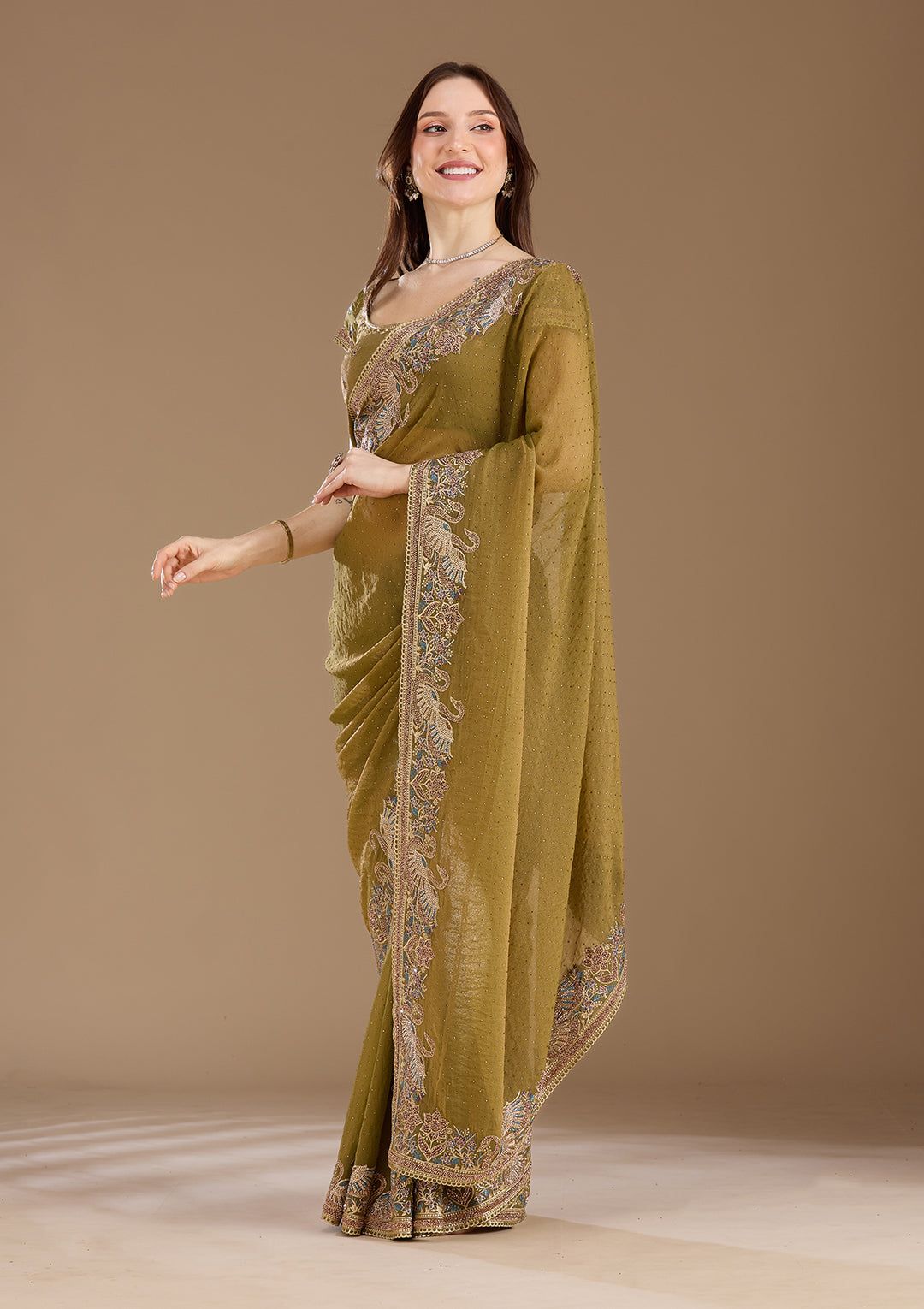 Pista Green Stonework (Gold) Tissue Saree