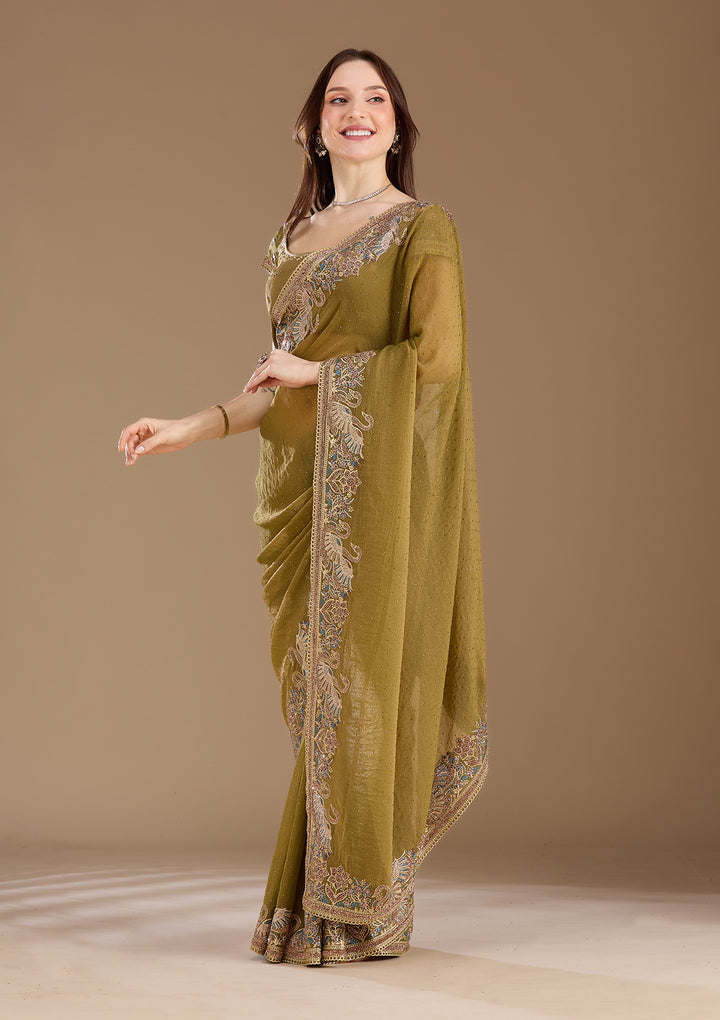 Pista Green Stonework (Gold) Tissue Saree