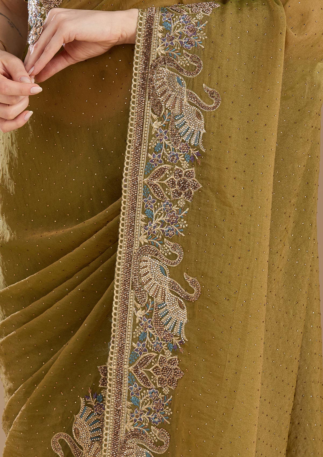 Pista Green Stonework (Gold) Tissue Saree