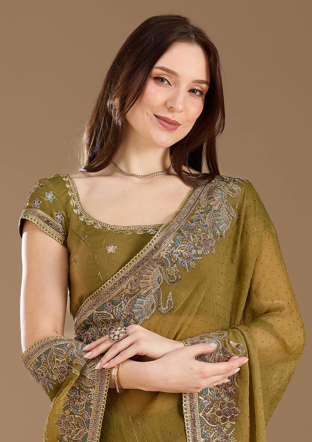 Pista Green Stonework (Gold) Tissue Saree