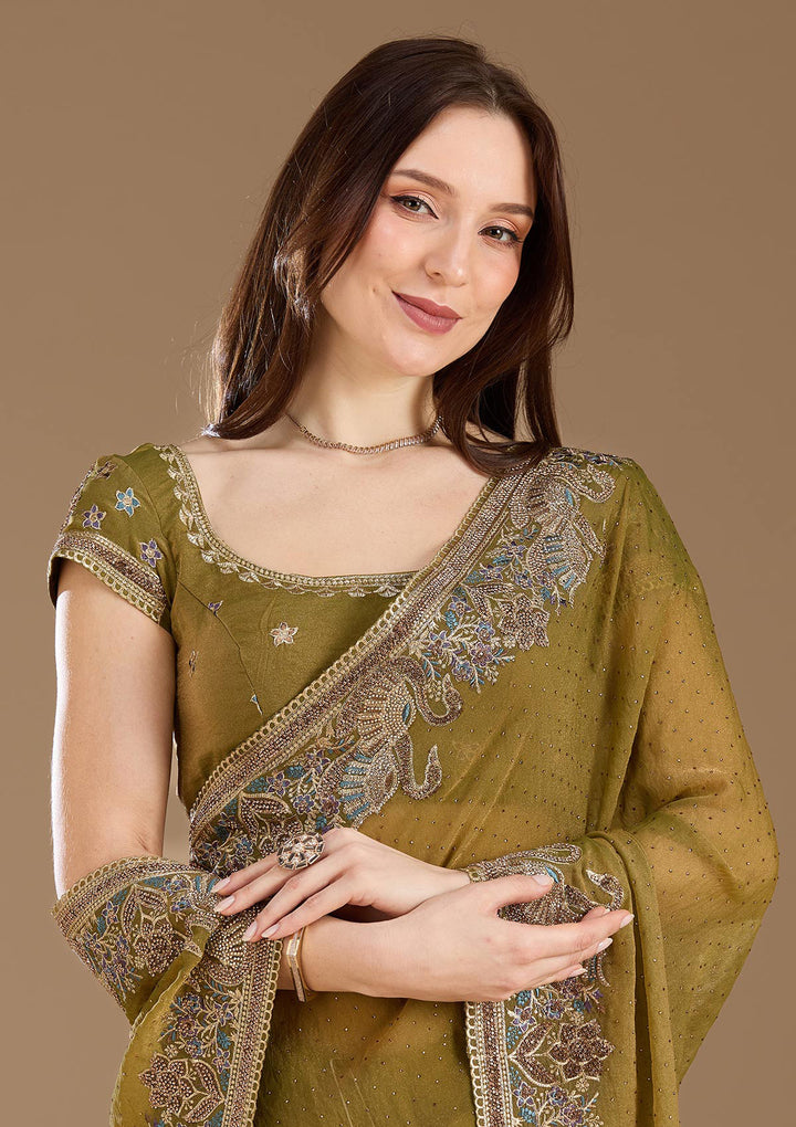 Pista Green Stonework (Gold) Tissue Saree