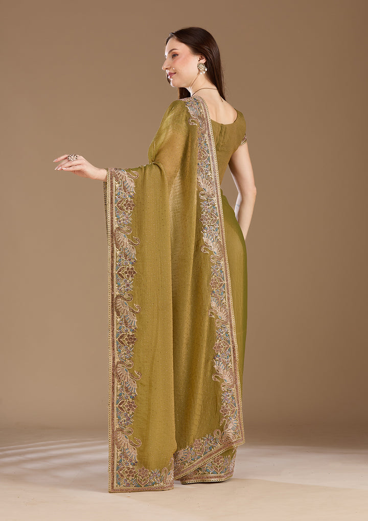 Pista Green Stonework (Gold) Tissue Saree