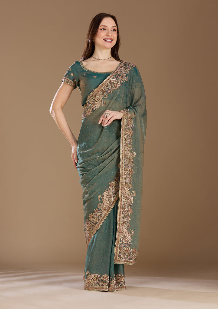 Sea Green Tissue Gold Stonework Saree With Matching Blouse Piece