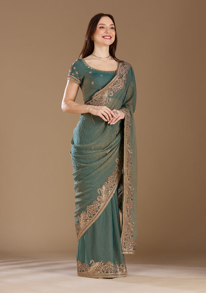 Sea Green Tissue Gold Stonework Saree With Matching Blouse Piece