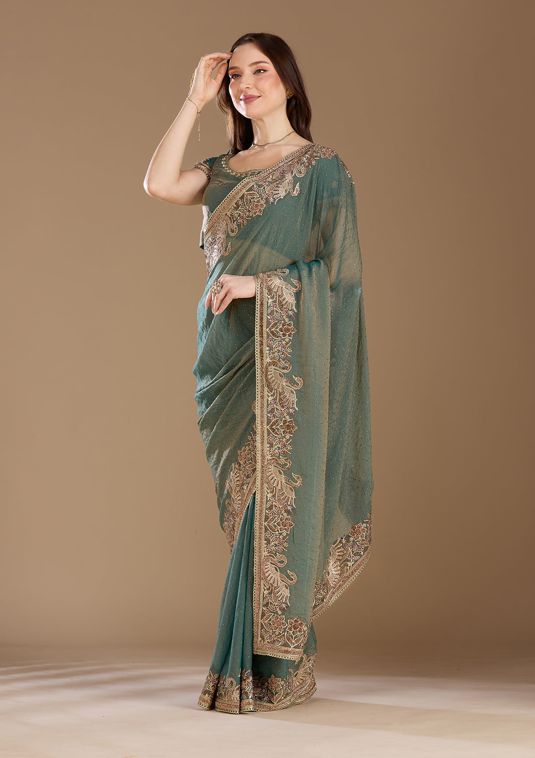 Sea Green Tissue Gold Stonework Saree With Matching Blouse Piece