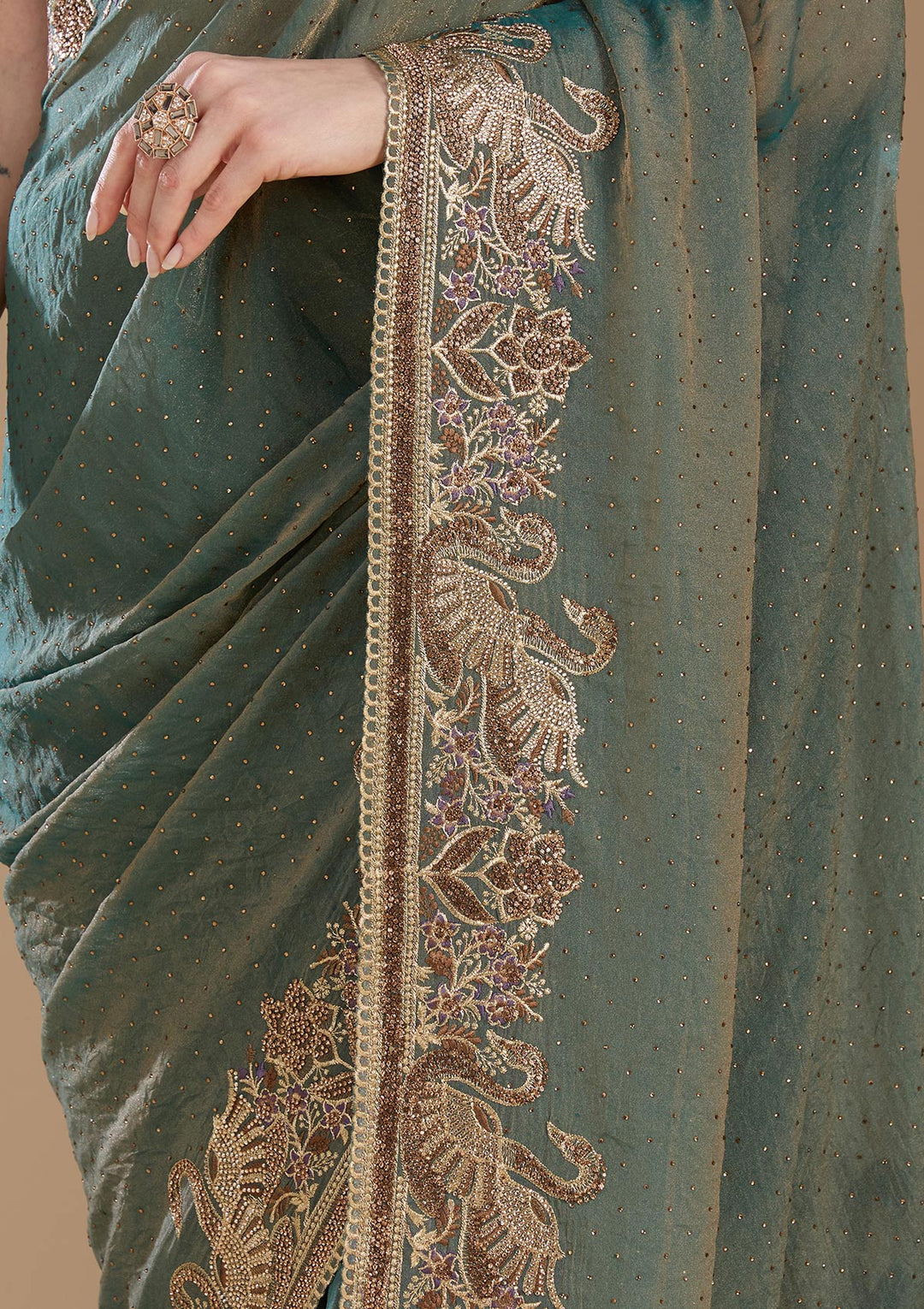 Sea Green Tissue Gold Stonework Saree With Matching Blouse Piece
