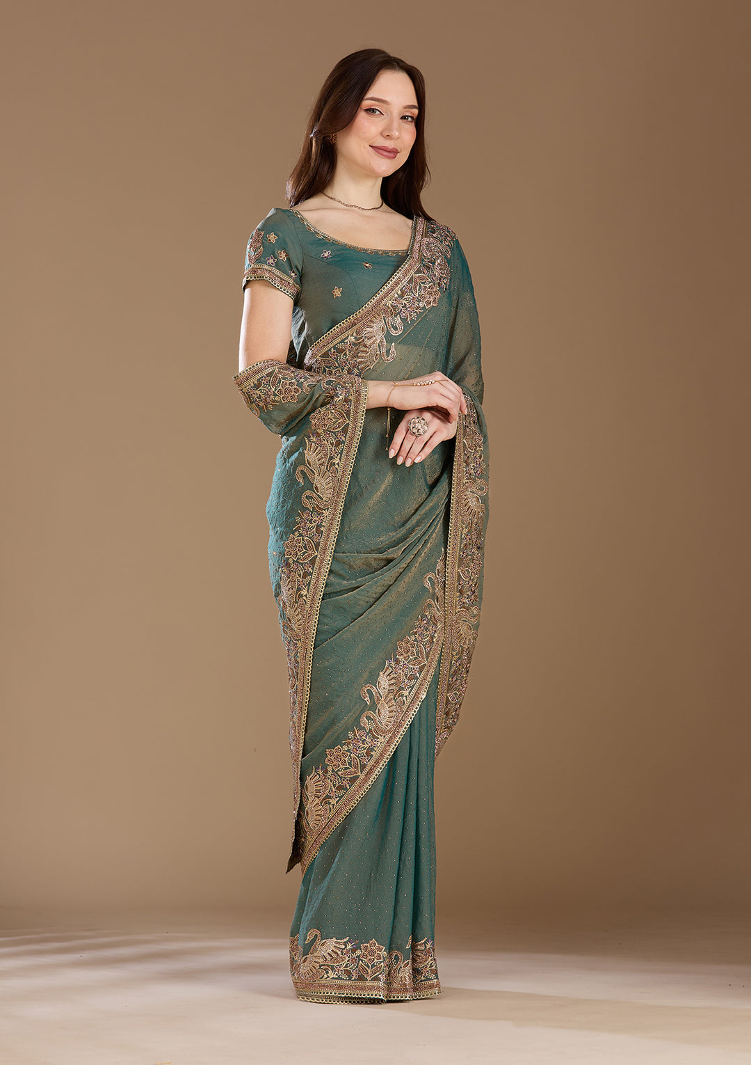 Sea Green Tissue Gold Stonework Saree With Matching Blouse Piece