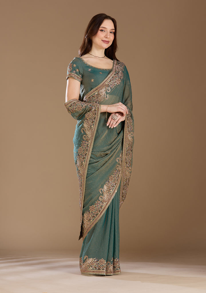 Sea Green Tissue Gold Stonework Saree With Matching Blouse Piece
