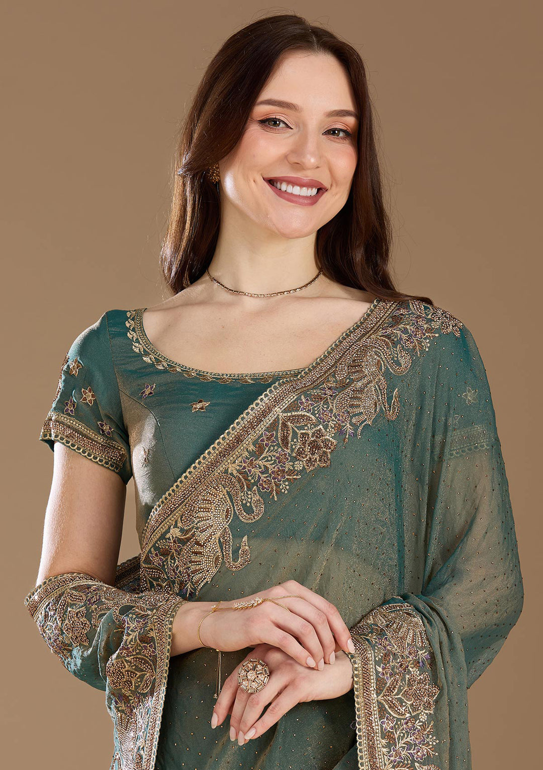 Sea Green Tissue Gold Stonework Saree With Matching Blouse Piece