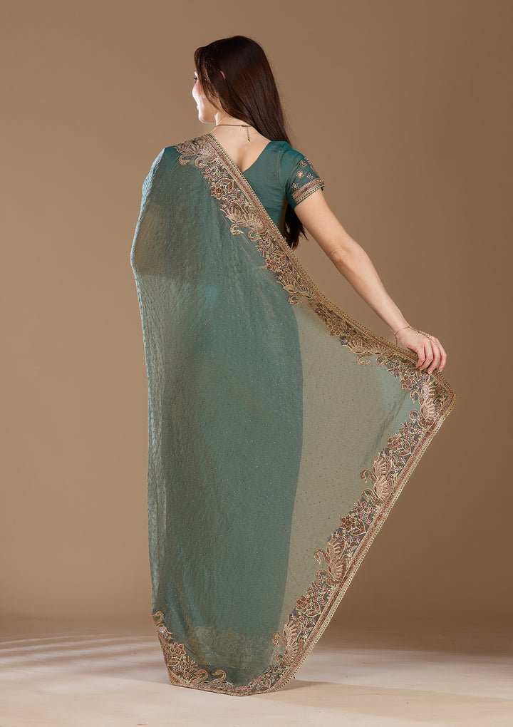 Sea Green Tissue Gold Stonework Saree With Matching Blouse Piece