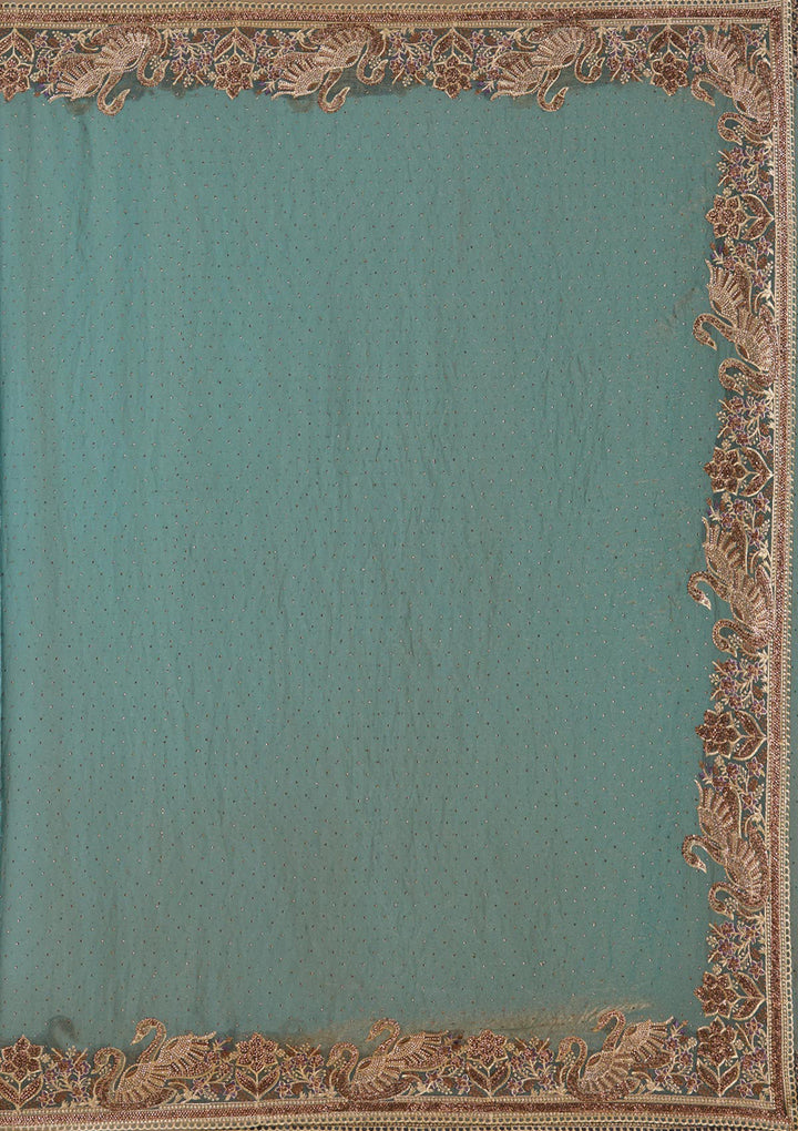 Sea Green Tissue Gold Stonework Saree With Matching Blouse Piece