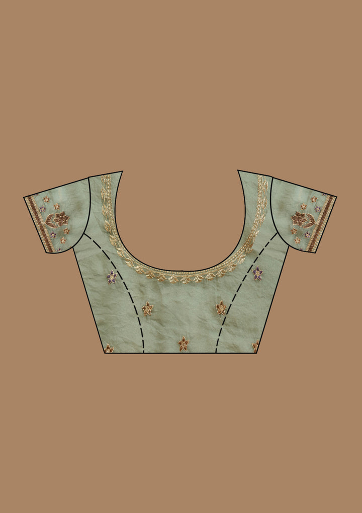 Sea Green Tissue Gold Stonework Saree With Matching Blouse Piece