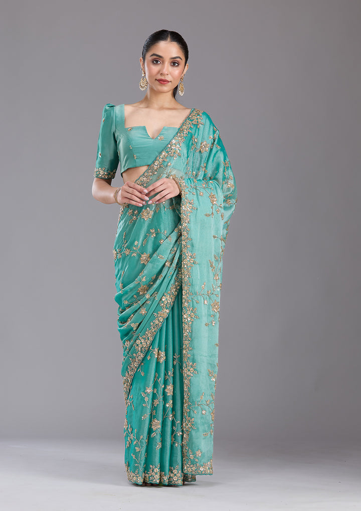 Sea Green Cutdana Tissue Saree