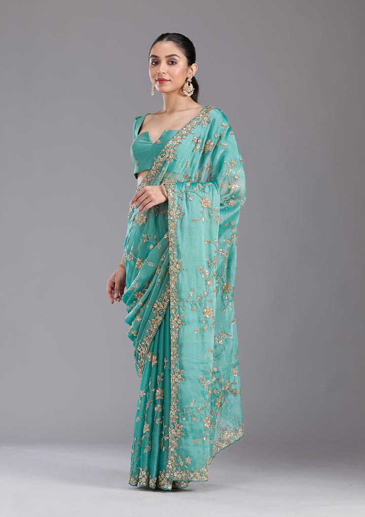 Sea Green Cutdana Tissue Saree