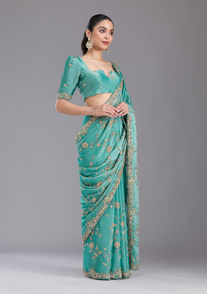 Sea Green Cutdana Tissue Saree
