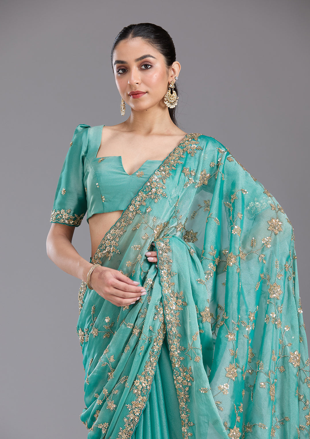 Sea Green Cutdana Tissue Saree