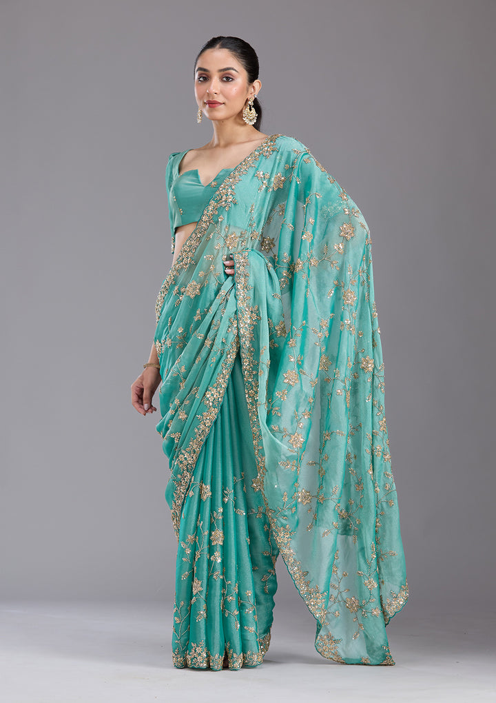 Sea Green Cutdana Tissue Saree