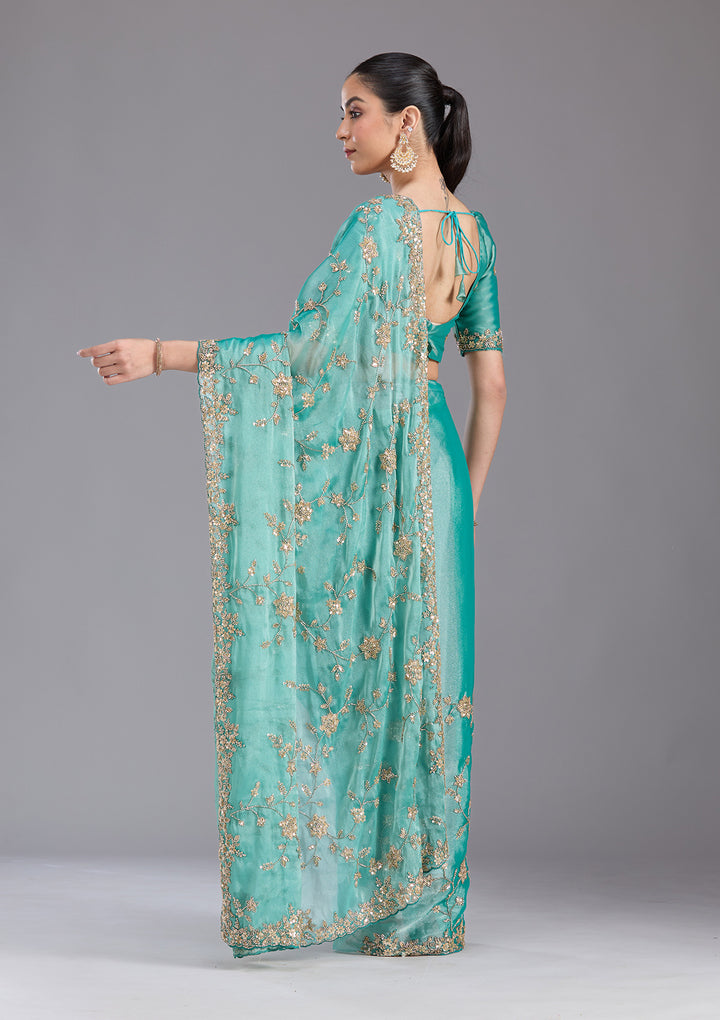 Sea Green Cutdana Tissue Saree