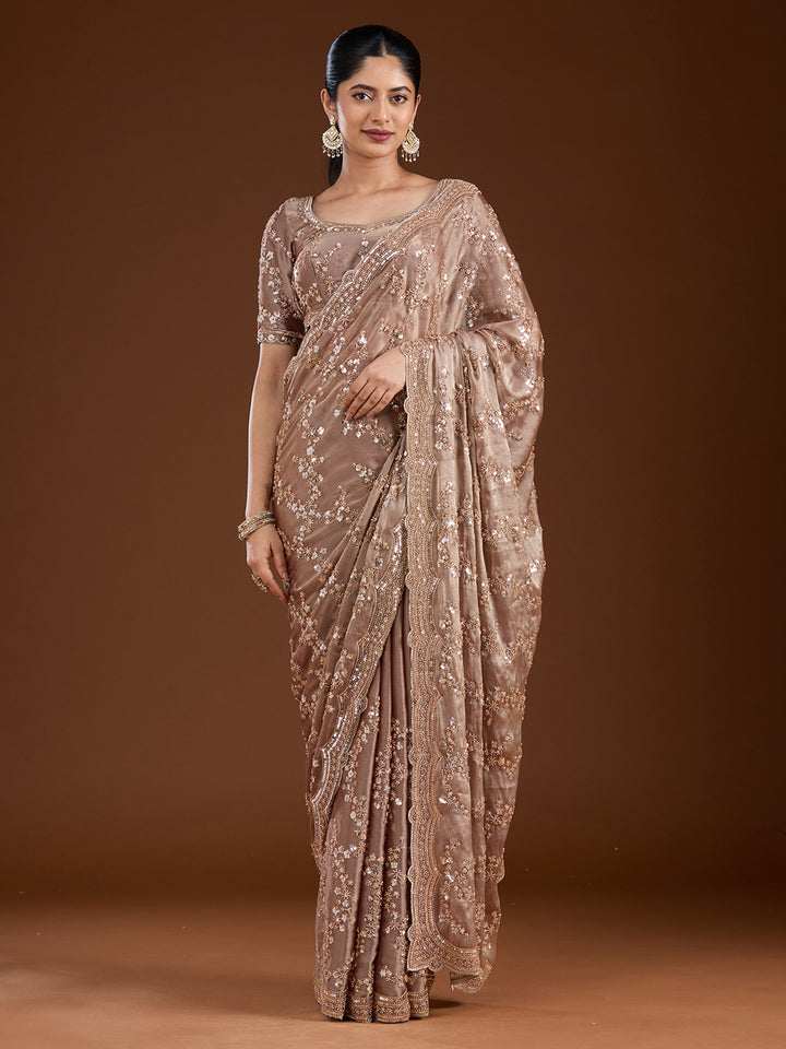 Light Brown Tissue Cutdana Saree With Matching Blouse Piece