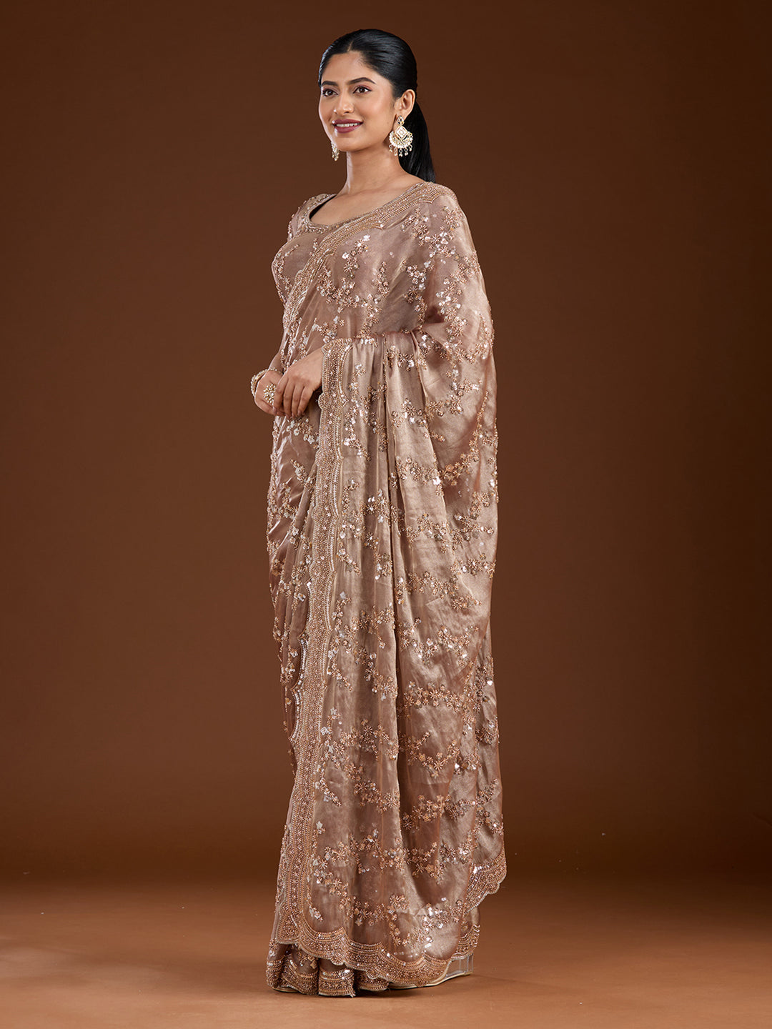 Light Brown Tissue Cutdana Saree With Matching Blouse Piece
