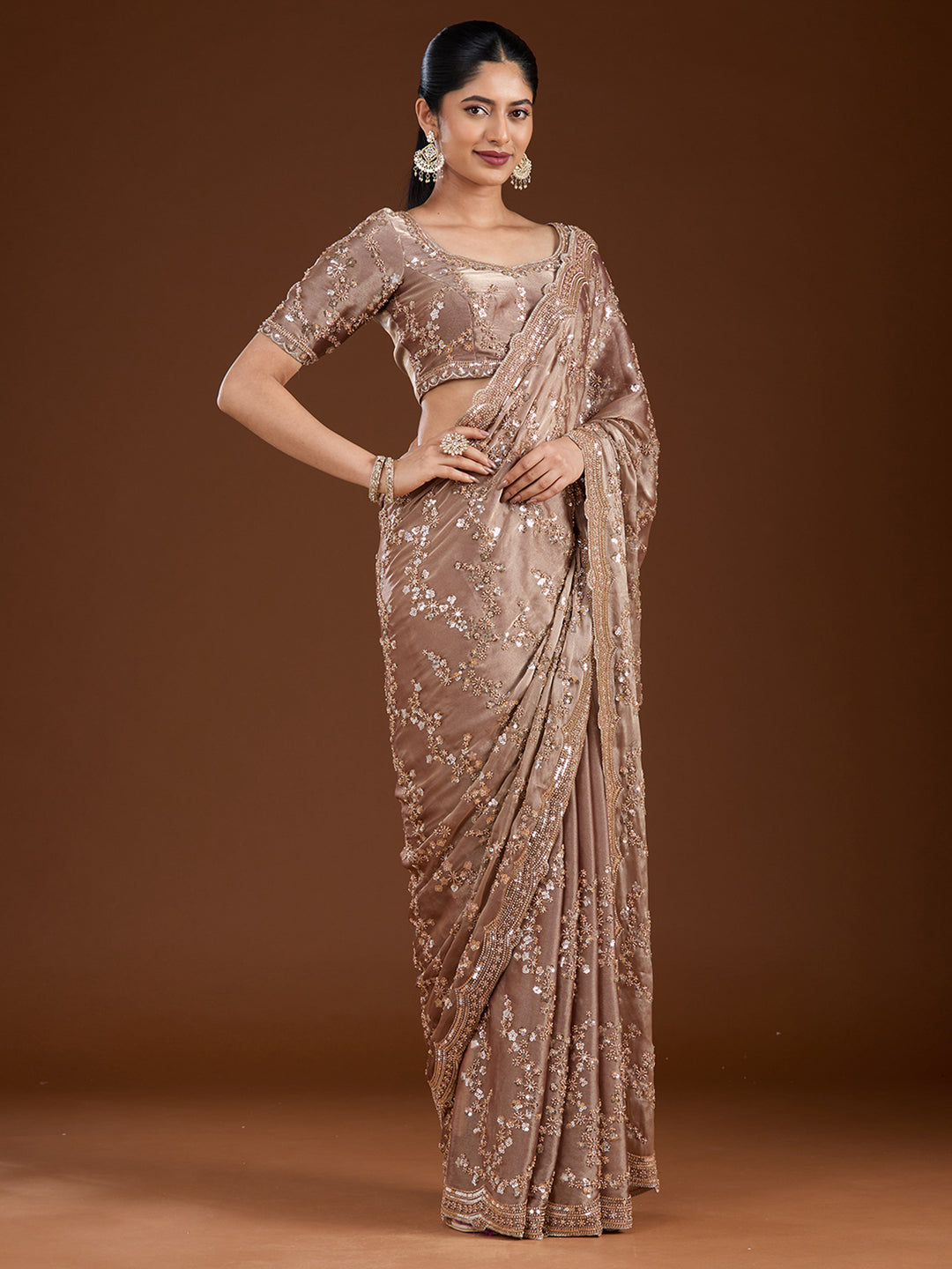 Light Brown Tissue Cutdana Saree With Matching Blouse Piece