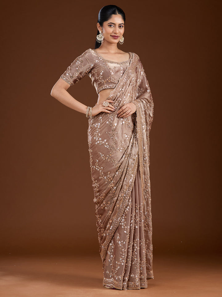 Light Brown Tissue Cutdana Saree With Matching Blouse Piece
