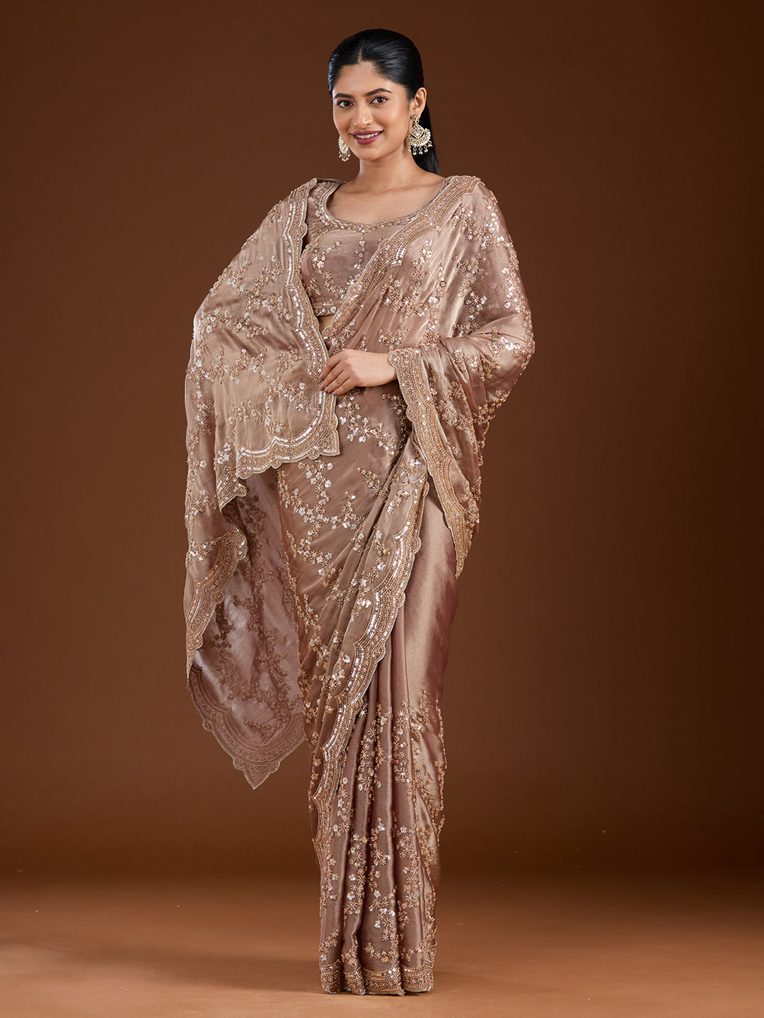 Light Brown Tissue Cutdana Saree With Matching Blouse Piece