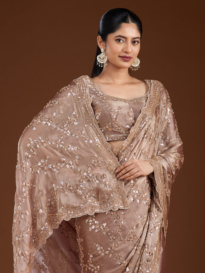Light Brown Tissue Cutdana Saree With Matching Blouse Piece