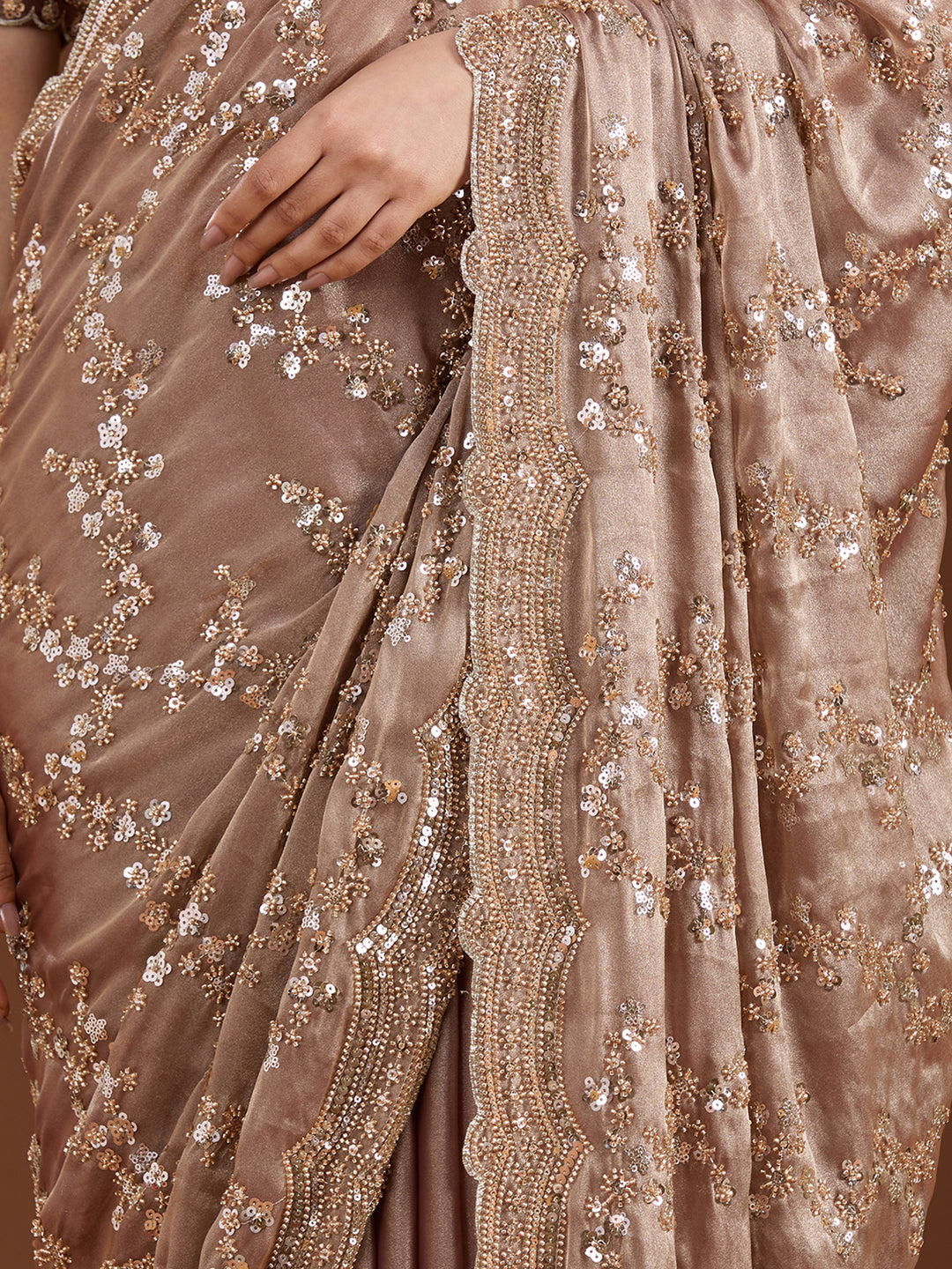Light Brown Tissue Cutdana Saree With Matching Blouse Piece