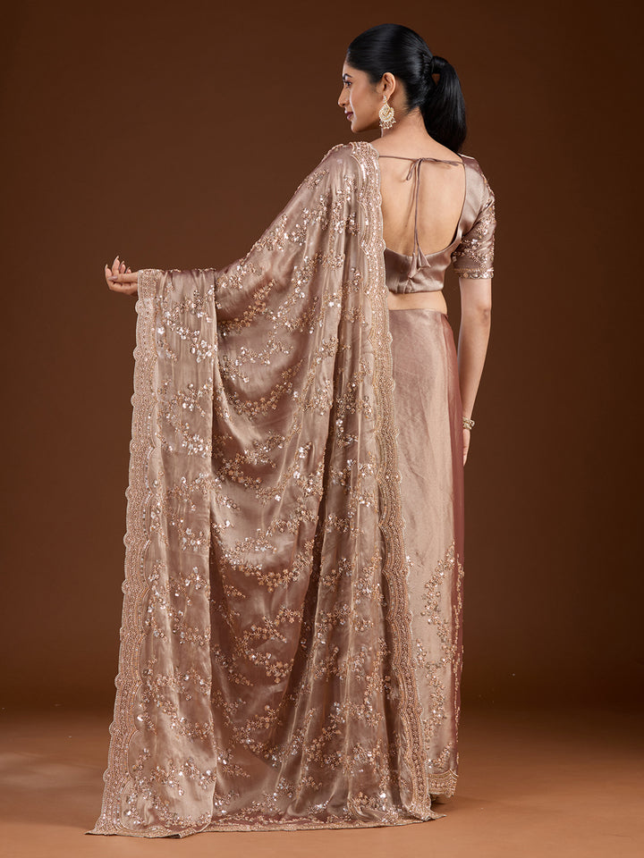 Light Brown Tissue Cutdana Saree With Matching Blouse Piece