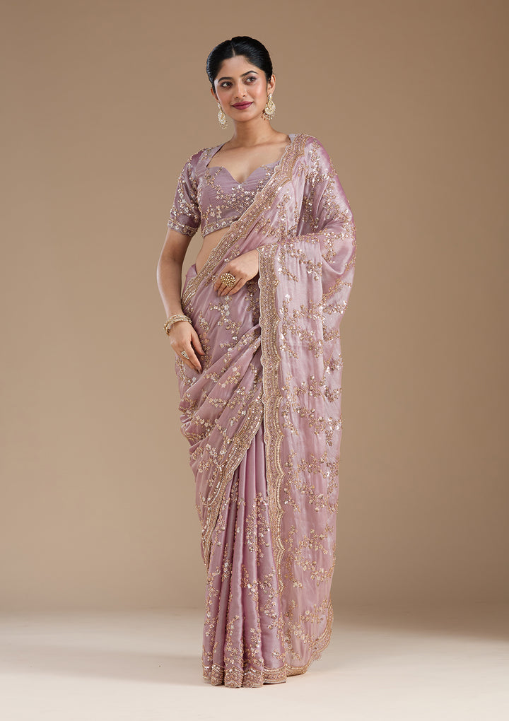 Light Lavender Tissue Cutdana Saree With Matching Blouse Piece