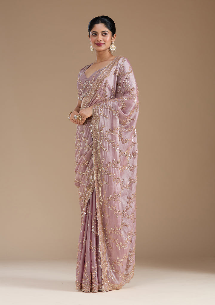 Light Lavender Tissue Cutdana Saree With Matching Blouse Piece