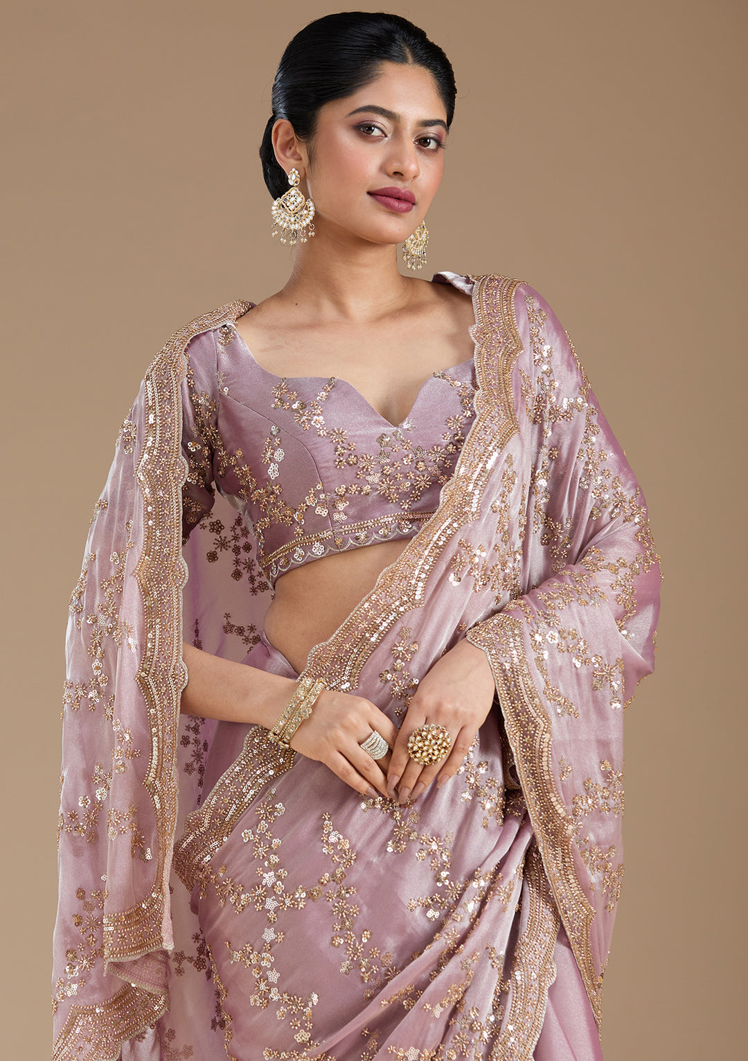 Light Lavender Tissue Cutdana Saree With Matching Blouse Piece