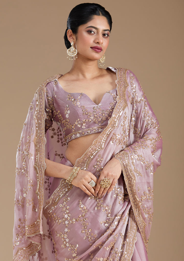Light Lavender Tissue Cutdana Saree With Matching Blouse Piece