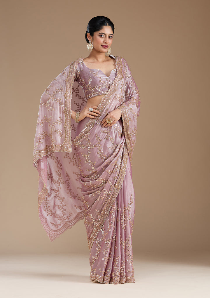 Light Lavender Tissue Cutdana Saree With Matching Blouse Piece