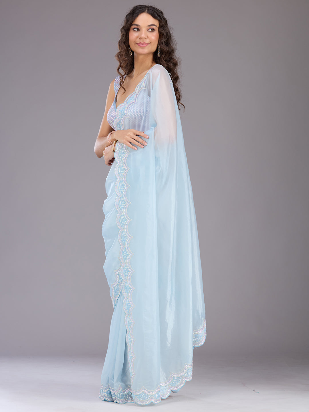 Sky Blue Sequins Organza Saree
