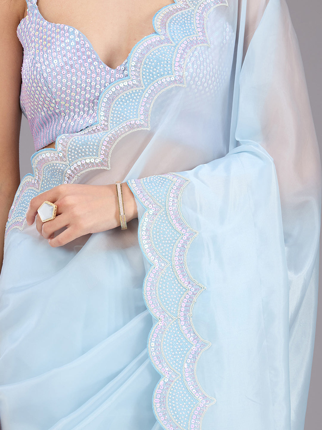 Sky Blue Sequins Organza Saree
