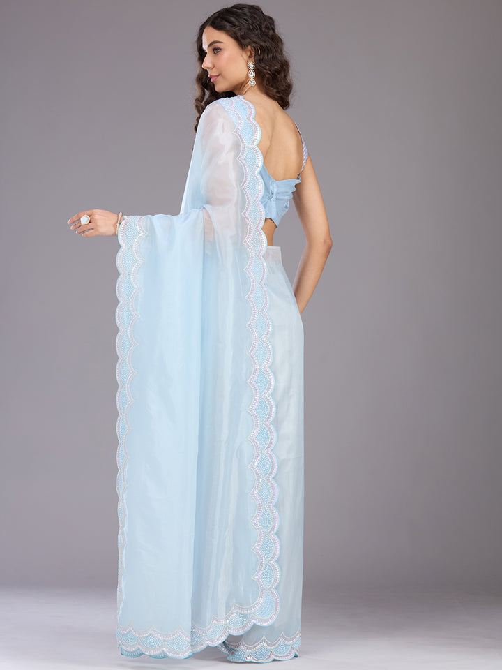 Sky Blue Sequins Organza Saree
