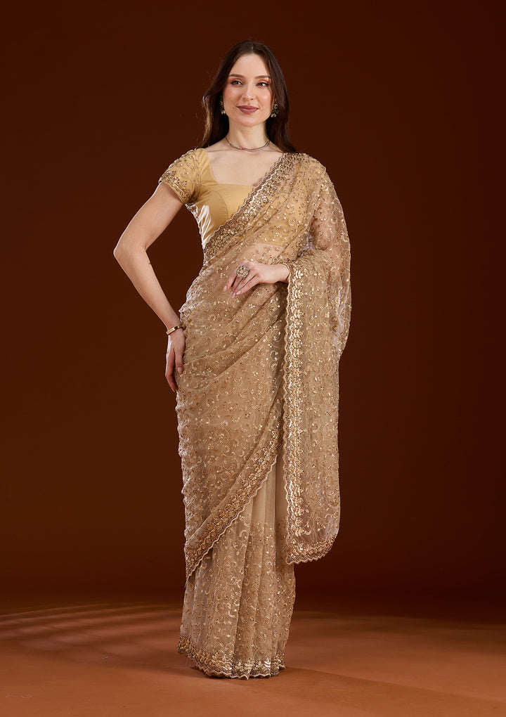 Gold Net Sequins Saree With Matching Blouse Piece