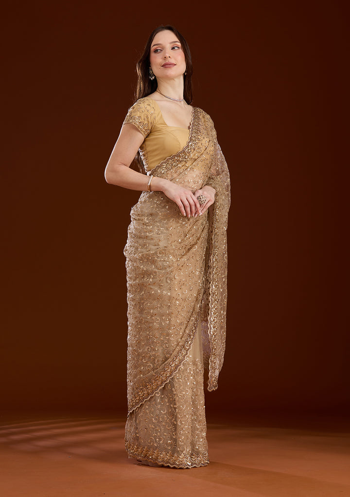 Gold Net Sequins Saree With Matching Blouse Piece