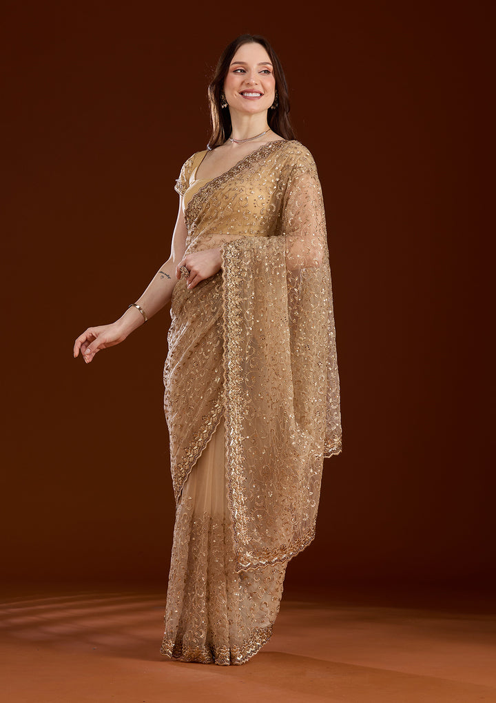 Gold Net Sequins Saree With Matching Blouse Piece