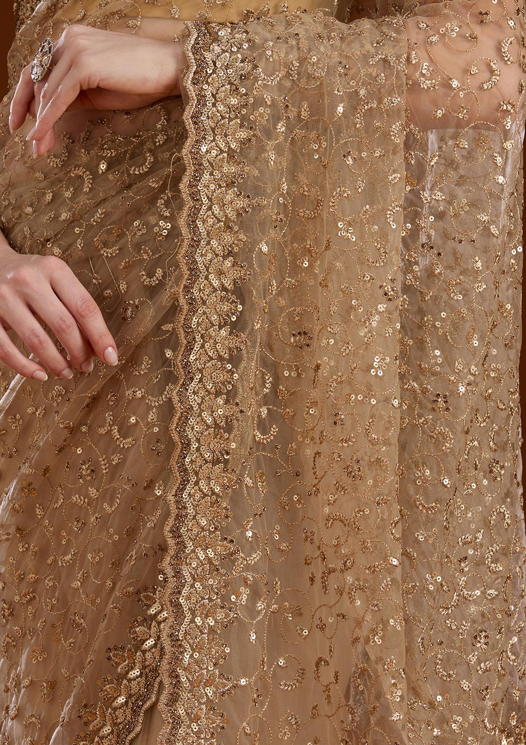 Gold Net Sequins Saree With Matching Blouse Piece