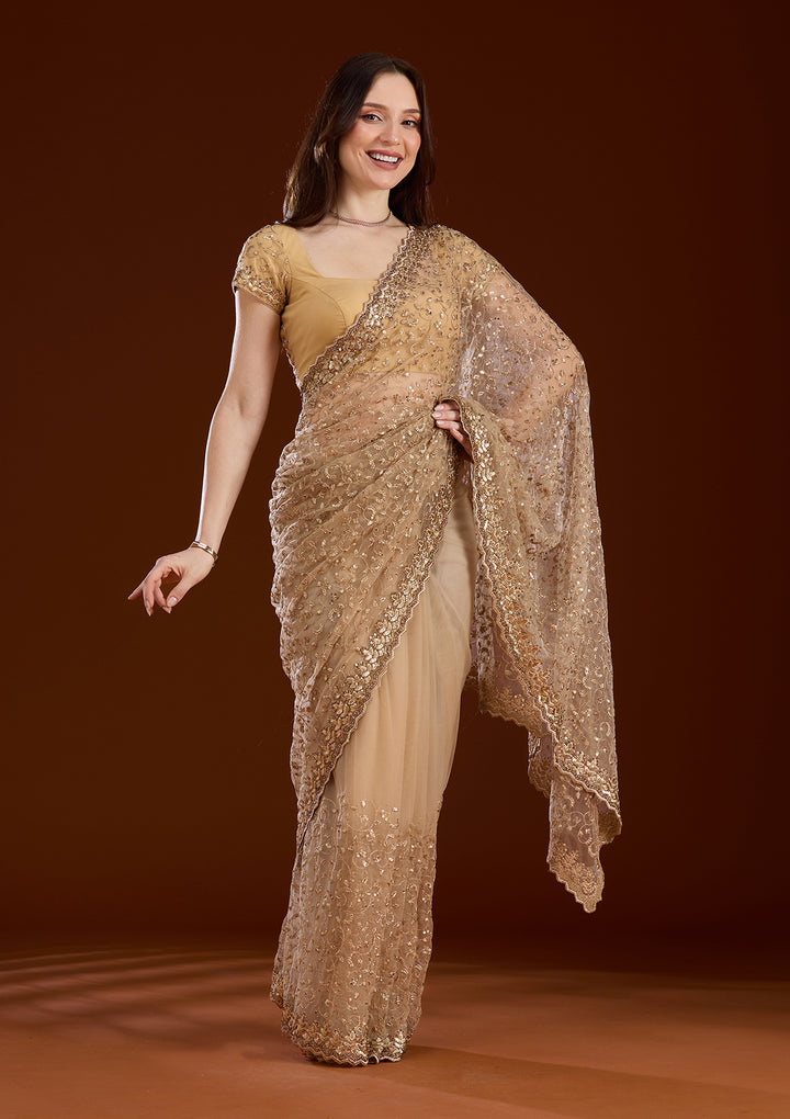 Gold Net Sequins Saree With Matching Blouse Piece